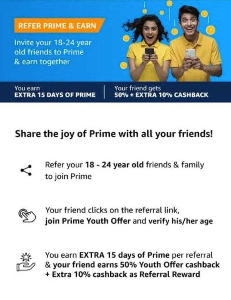 Amazon Prime Youth membership Offer- 1 Year Prime Membership @ Just ₹249 3 amazon prime refer & earn