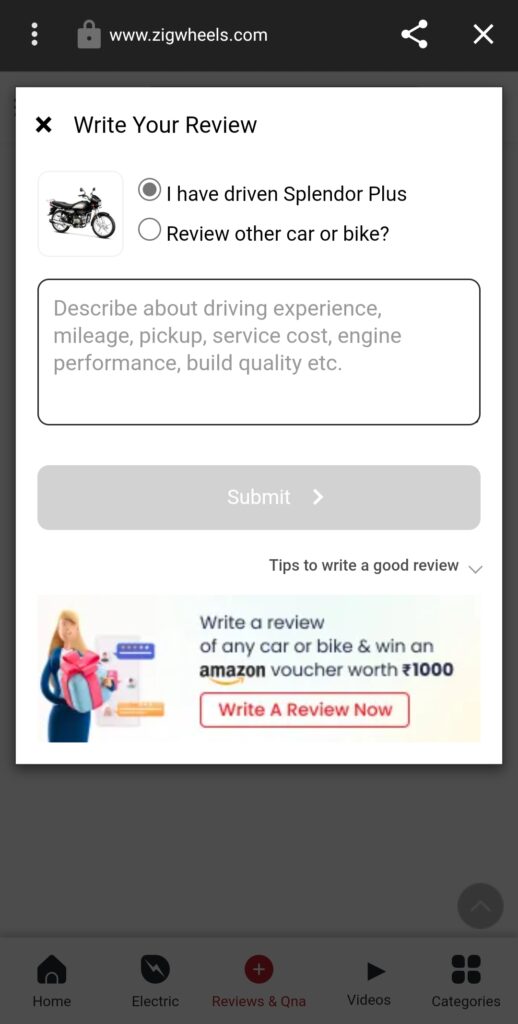 ✍️ ZigWheels Write Review & Earn Campaign 2025 – Get Free ₹1000 Amazon Gift Card for Sharing Your Experience! 1 ZigWheels Write Review & Earn Campaign 2025