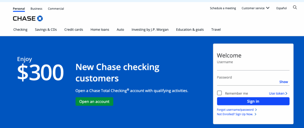chase bank sign up page