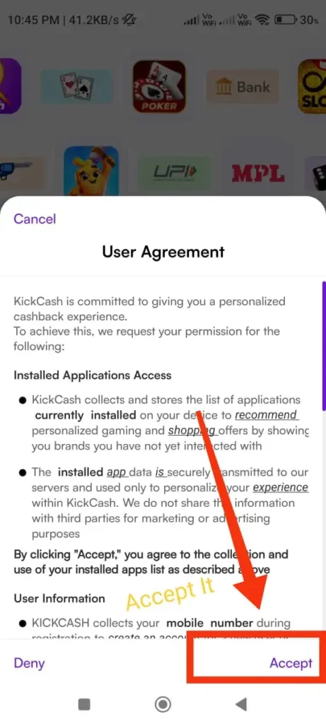kickcash accept user agreement