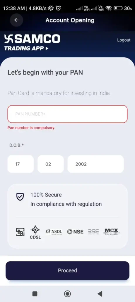 Samco App registration details