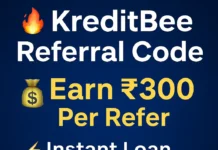 KreditBee Referral Code – Get Instant Loan & Earn Cashback by Referring Friends “KreditBee referral code thumbnail showing earn ₹300 per referral, instant loan ₹1,000 to ₹3 Lakhs, and referral code SKMIW0OMT highlighted in bold text on a blue and red promotional banner.”
